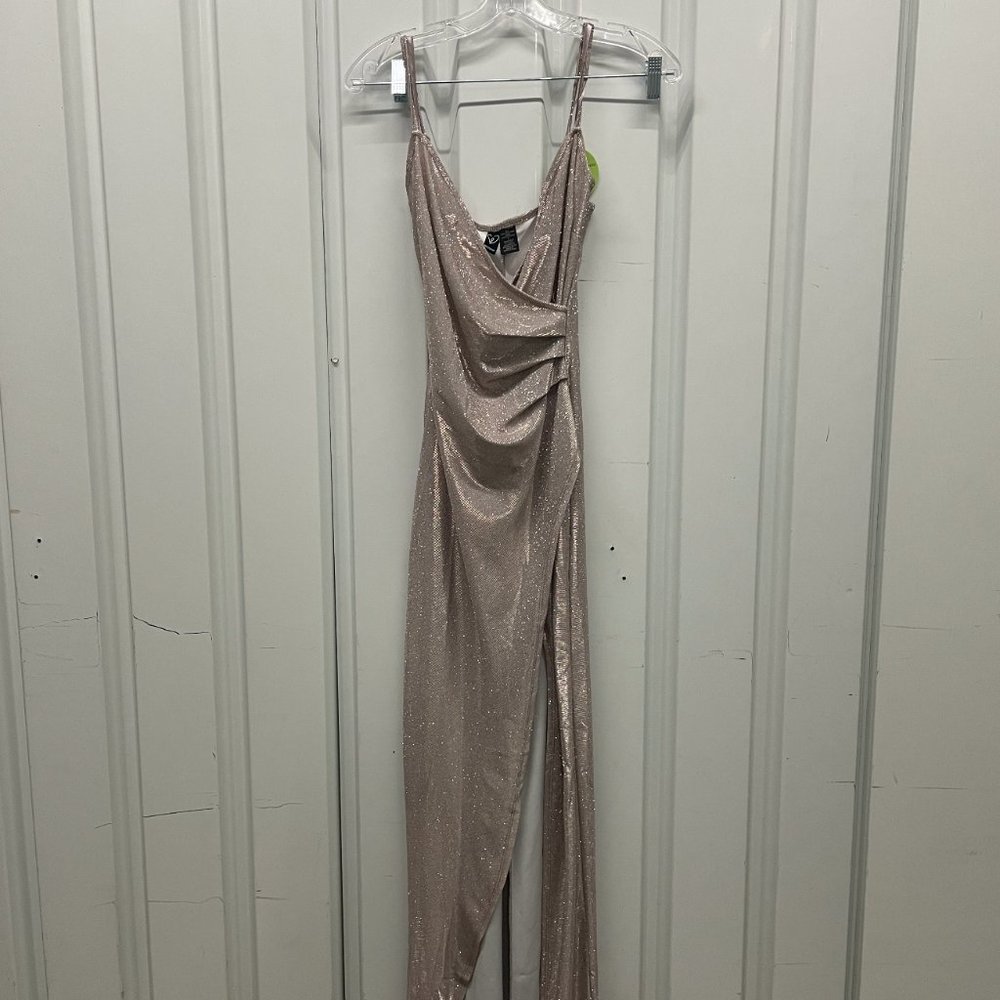 Champaign silver, sparkle, thigh high opening, with stretch evening gown